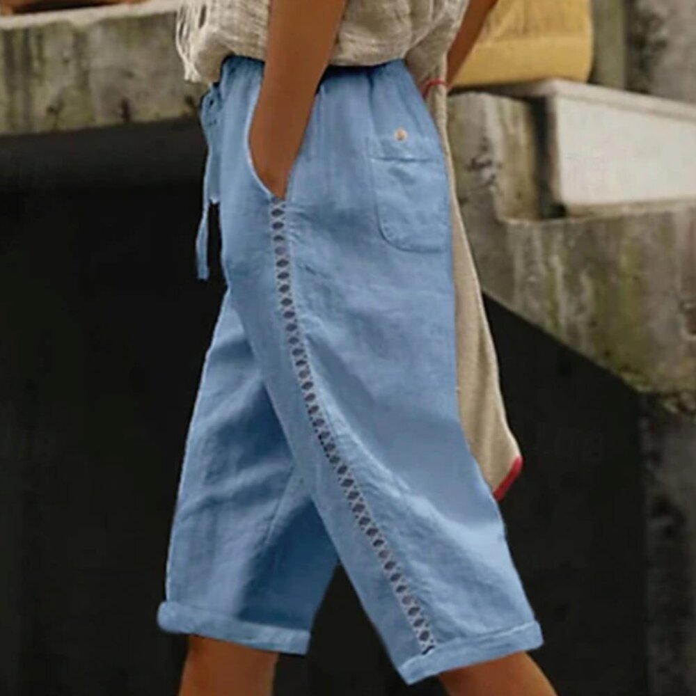 Women's Cotton Knee Length Linen Crop Light Sky Blue Medium